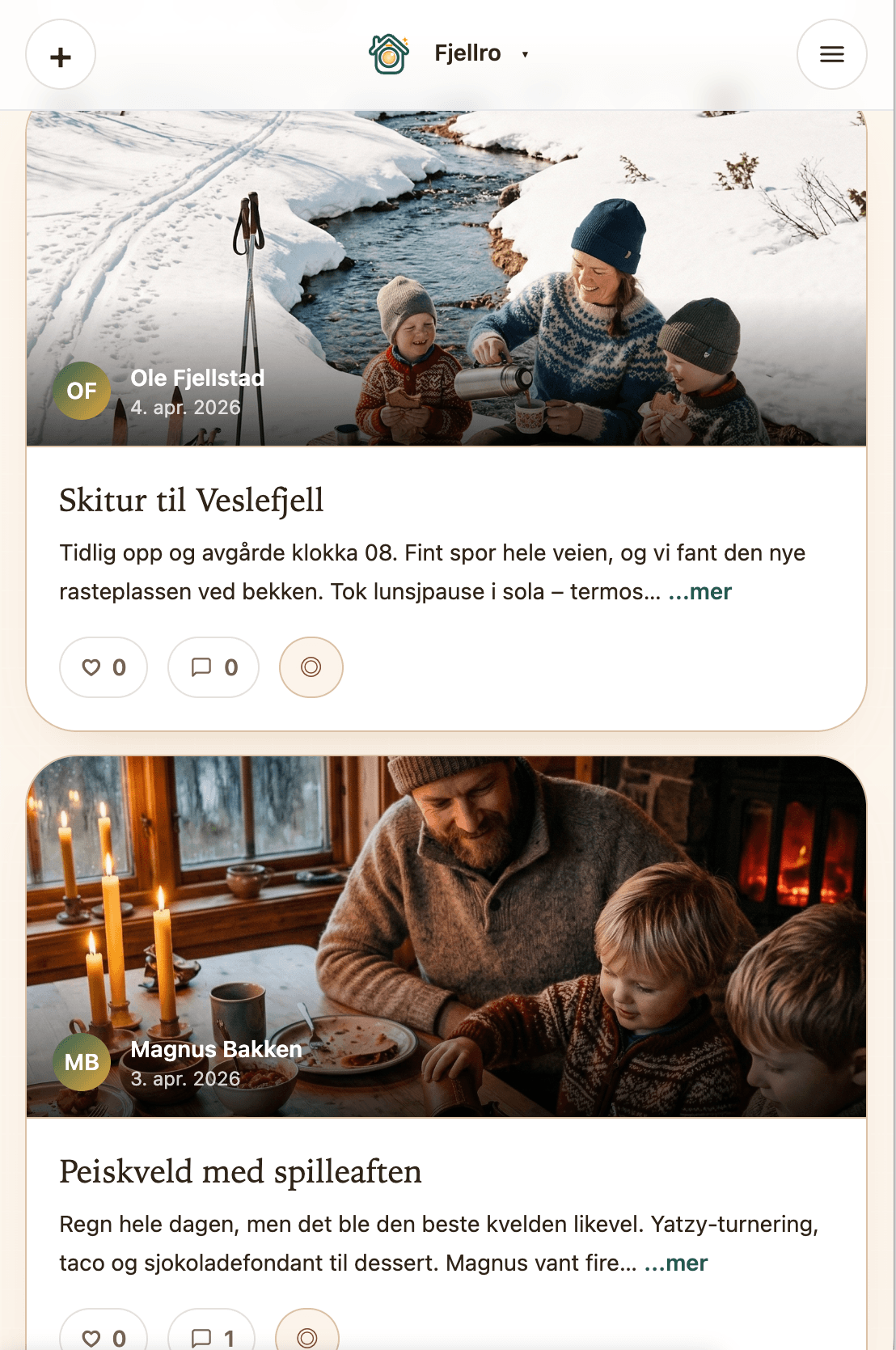Skjermbilde av innlegg med bilder fra hyttelivet