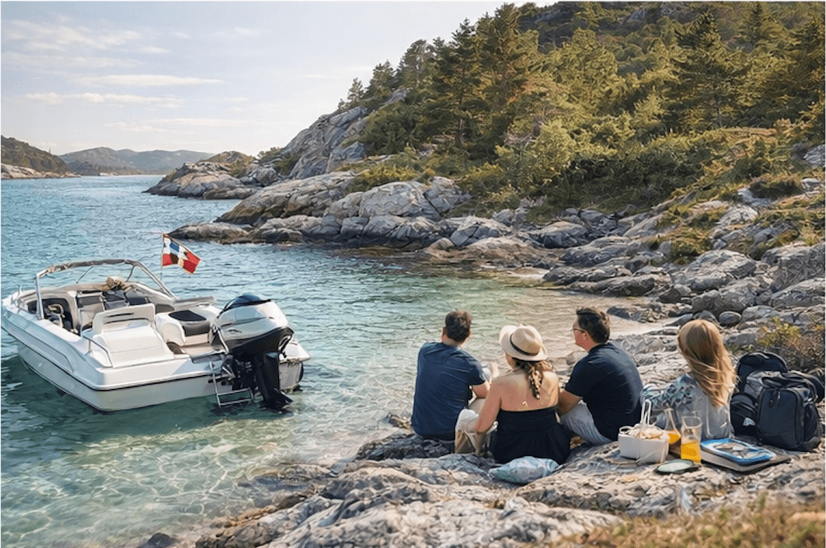 Familie i båt på stille vann ved hytta