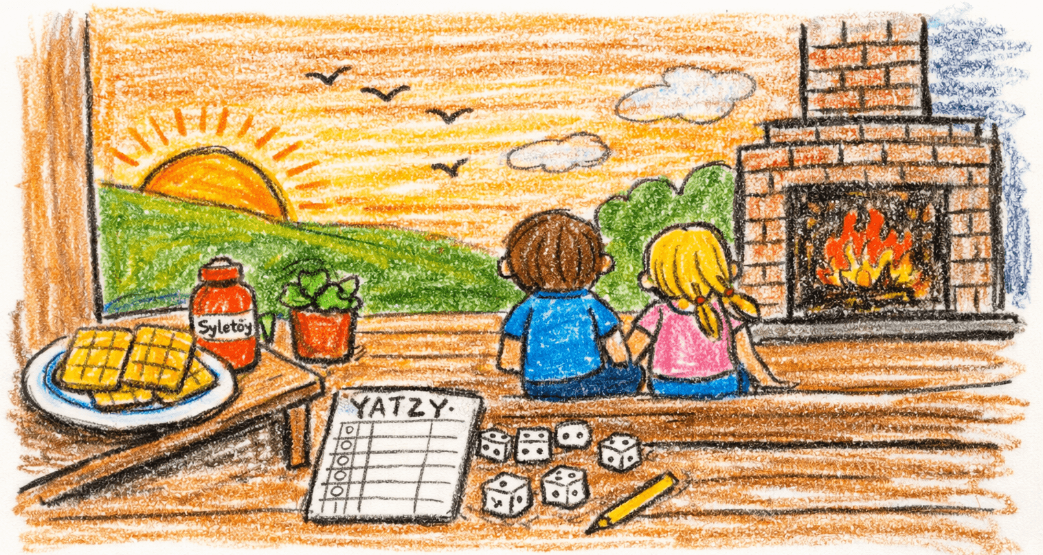 Barnetegning av kveld på hytta med peis, yatzy og kveldssol