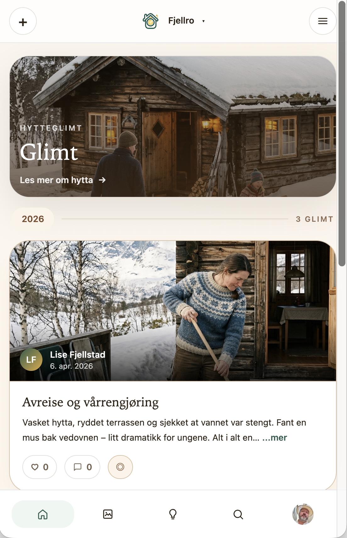 Skjermbilde av hytteboka – feed med innlegg og bilder