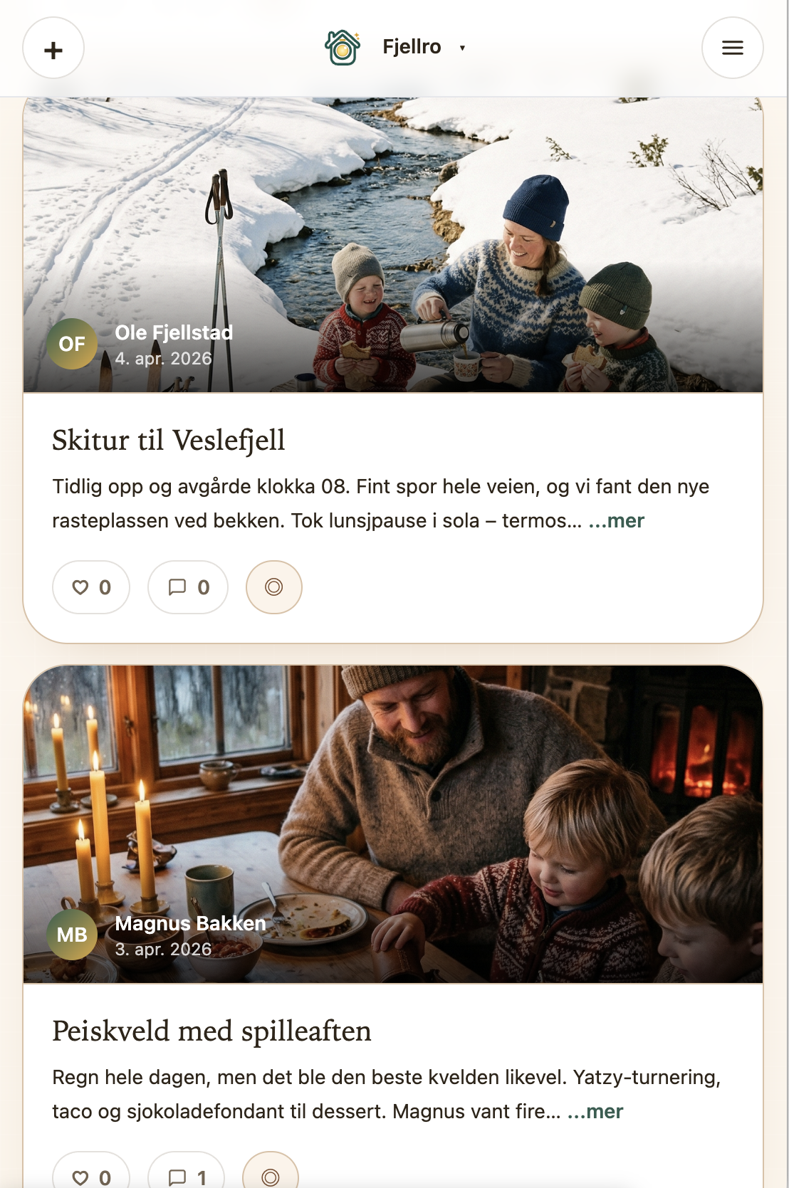 Skjermbilde av innlegg med bilder fra hyttelivet